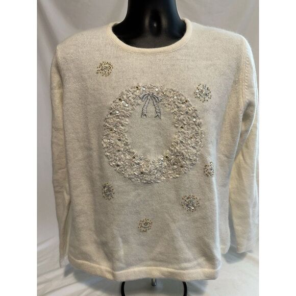 Orvis Ivory Wool & Angora Lambs Wool Christmas Wreath‎ Snowflake Sweater Large - Picture 1 of 9